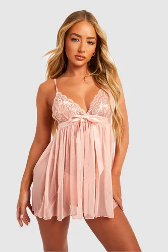 Womens Pleated Bow Babydoll & String Set - Pink - L, Pink