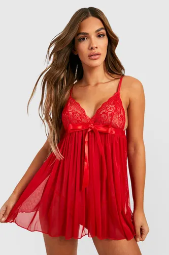 Womens Pleated Bow Babydoll & String Set - Red - S, Red