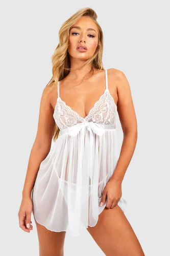 Womens Pleated Bow Babydoll & String Set - White - S, White
