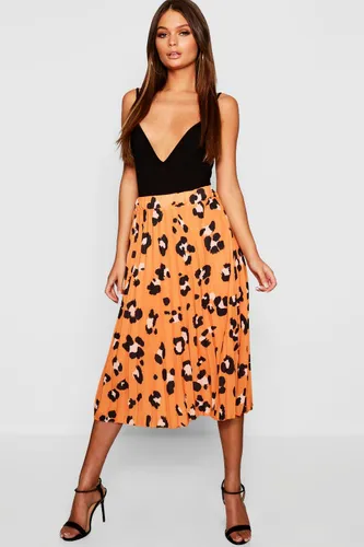 Womens Pleated Leopard Print Midi Skirt - Orange - 6, Orange