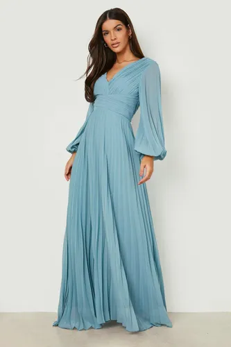 Womens Pleated Plunge Wrap Maxi Dress - Blue - 16, Blue