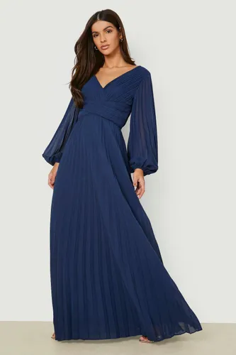 Womens Pleated Plunge Wrap Maxi Dress - Navy - 8, Navy