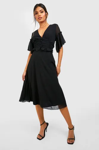 Womens Pleated Ruffle Detail Midi Smock Dress - Black - 8, Black