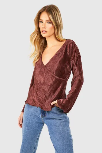 Womens Pleated Wrap Blouse - Brown - 10, Brown