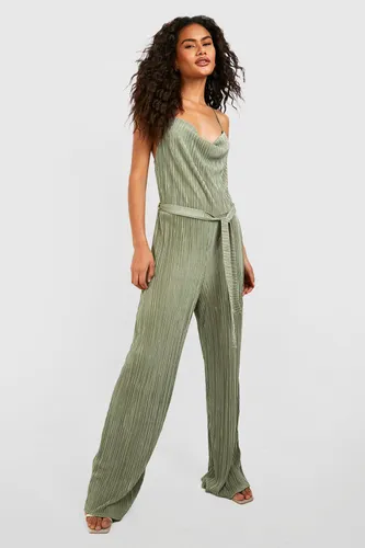 Womens Plisse Cowl Neck Belted Jumpsuit - Green - 10, Green