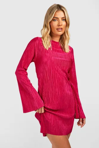 Womens Plisse Flare Sleeve Shift Dress - Pink - 12, Pink