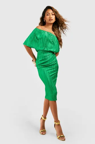 Womens Plisse Off The Shoulder Midi Dress - Green - 8, Green