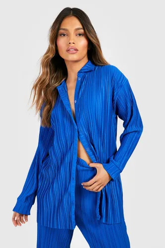 Womens Plisse Oversized Relaxed Fit Shirt - Blue - 8, Blue