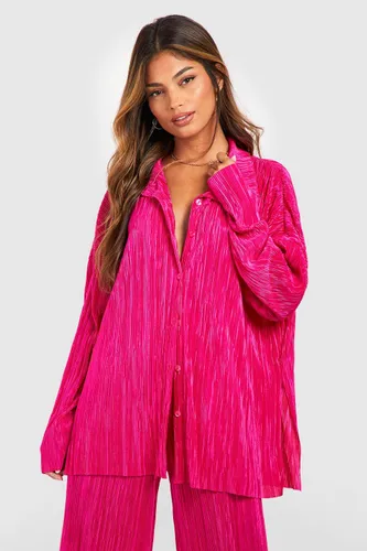 Womens Plisse Oversized Relaxed Fit Shirt - Pink - 12, Pink