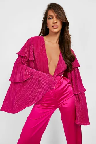 Womens Plisse Ruffle Sleeve Plunge Bodysuit - Pink - 6, Pink