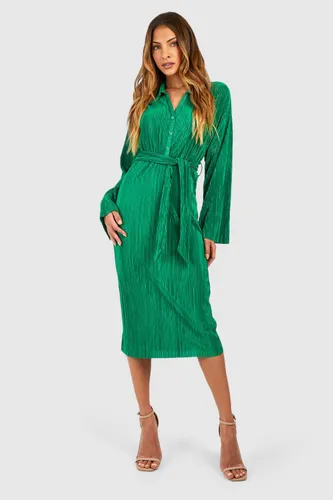 Womens Plisse Tie Waist Midi Shirt Dress - Green - 8, Green