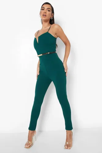 Womens Plunge Belted Jumpsuit - Green - 8, Green