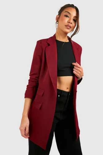 Womens Plunge Front Ruched Sleeve Longline Blazer - Red - 6, Red