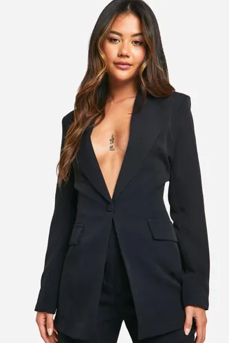Womens Plunge Front Single Button Fitted Blazer - Black - 6, Black