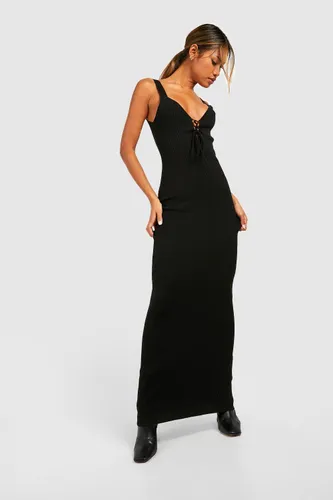 Womens Plunge Lace Up Rin Knit Maxi Dress - Black - 12, Black