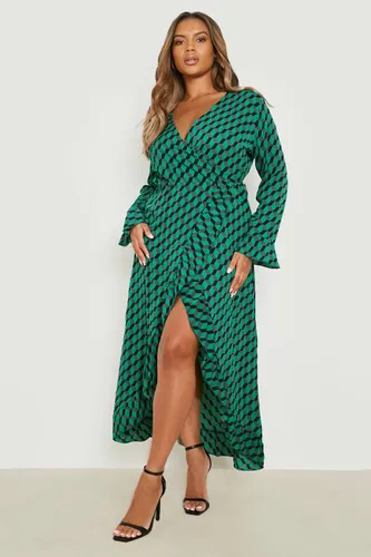 Womens Plus Abstract Print Ruffle Wrap Dress - Green - 26, Green