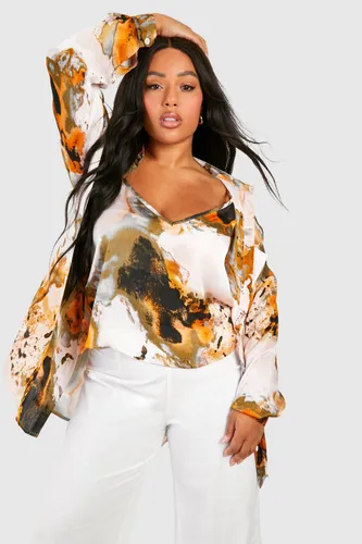 Womens Plus Abstract Print Satin Cami & Shirt Set - Multi - 16, Multi