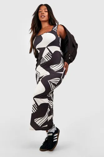 Womens Plus Abstract Printed Jersey Square Neck Maxi Dress - Black - 18, Black