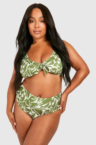 Womens Plus Abstract Tie Front High Waisted Bikini - Green - 28, Green