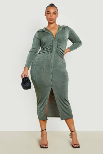 Womens Plus Acetate Slinky Midaxi Shirt Dress - Green - 28, Green