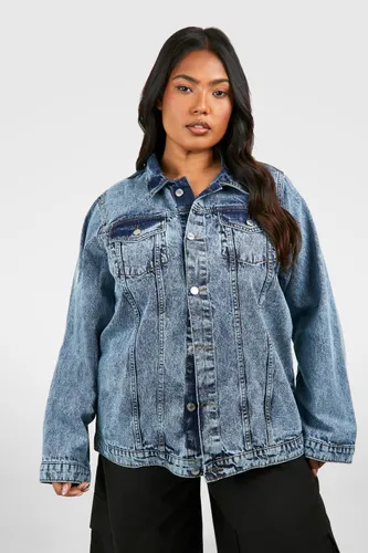 Womens Plus Acid Washed Pocket Oversized Denim Jacket - Grey - 16, Grey