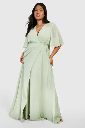 Womens Plus Angel Sleeve Wrap Bridesmaid Dress - Green - 16, Green