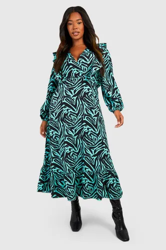 Womens Plus Animal Print Ruffle Midaxi Smock Dress - Green - 16, Green