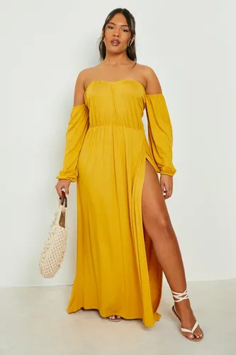 Womens Plus Bardot Balloon Sleeve Maxi Dress - Yellow - 28, Yellow