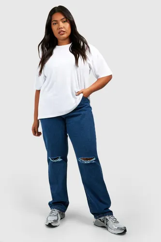 Womens Plus Basics High Waisted Straight Leg Ripped Knee Jeans - Blue - 28, Blue