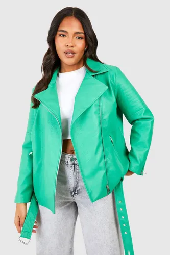 Womens Plus Belted Faux Leather Pu Biker Jacket - Green - 16, Green