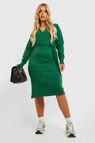 Womens Plus Belted Knitted Wrap Midi Dress - Green - 28, Green