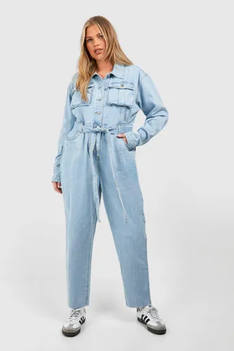 Womens Plus Belted Tapered Cargo Denim Boilersuit - Blue - 16, Blue