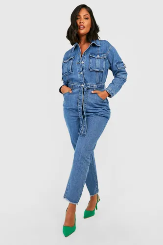 Womens Plus Belted Tapered Cargo Denim Boilersuit - Blue - 28, Blue