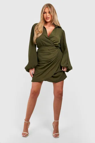 Womens Plus Blouson Sleeve Wrap Dress - Green - 28, Green