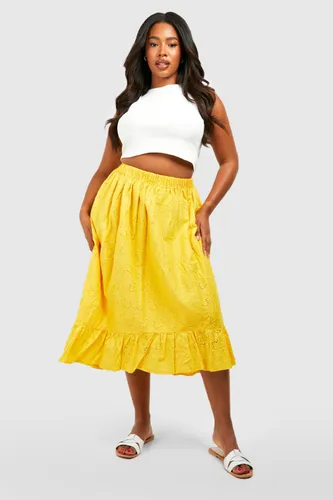 Womens Plus Broderie Dipped Hem Midaxi Skirt - Yellow - 20, Yellow
