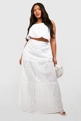 Womens Plus Broderie Off Shoulder Top & Maxi Skirt Co Ord - White - 28, White