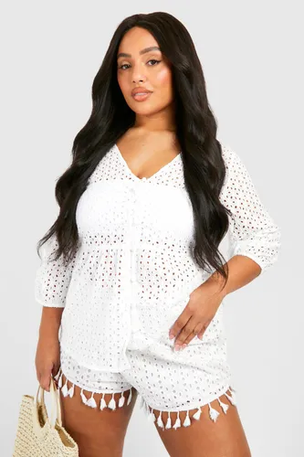 Womens Plus Broderie Puff Sleeve Smock Top - White - 22, White