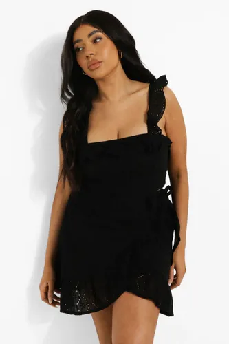 Womens Plus Broderie Wrap Frill Mini Skirt Co-Ord - Black - 28, Black