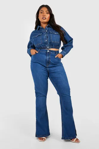 Womens Plus Butt Shaper Split Hem Stretch Flared Jeans - Blue - 22, Blue