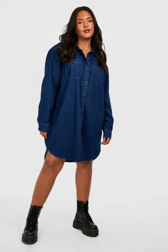 Womens Plus Button Down Denim Shirt Dress - Blue - 16, Blue