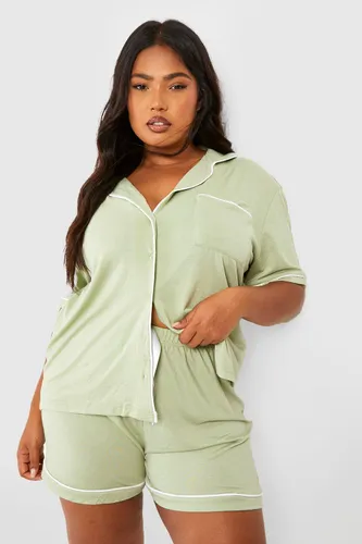 Womens Plus Button Through Jersey Pyjama Short Set - Green - 16, Green