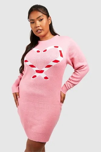 Womens Plus Candy Cane Heart Christmas Jumper Dress - Pink - 18, Pink