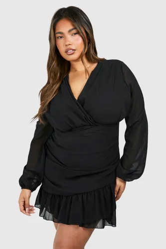 Womens Plus Chiffon Ruffle Wrap Dress - Black - 16, Black