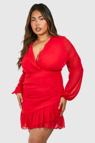Womens Plus Chiffon Ruffle Wrap Dress - Red - 16, Red