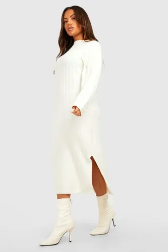 Womens Plus Chunky Rib Soft Knitted Midaxi Dress - Cream - 28, Cream