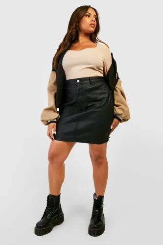 Womens Plus Coated High Waisted Denim Mini Skirt - Black - 16, Black