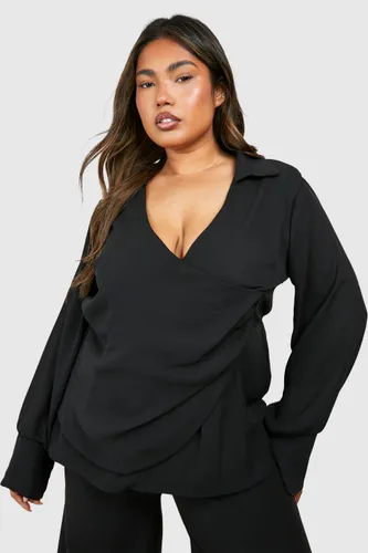 Womens Plus Collared Button Wrap Shirt - Black - 22, Black