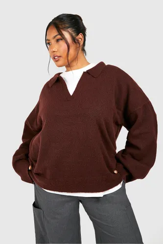Womens Plus Collared Soft Knit Oversized Jumper - Brown - 18, Brown