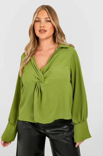 Womens Plus Collared Twist Front Blouse - Green - 18, Green