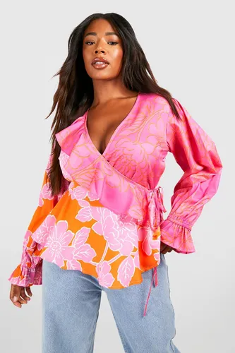 Womens Plus Contrast Floral Ruffle Wrap Top - Pink - 28, Pink